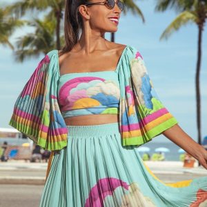 Blusa Estampada Manga Flare Plissada