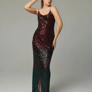 Vestido Lantejoulas Degrade Longo Alça Fina C/ Abertura bertura