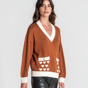 Camisola Decote V Corações Bolsos