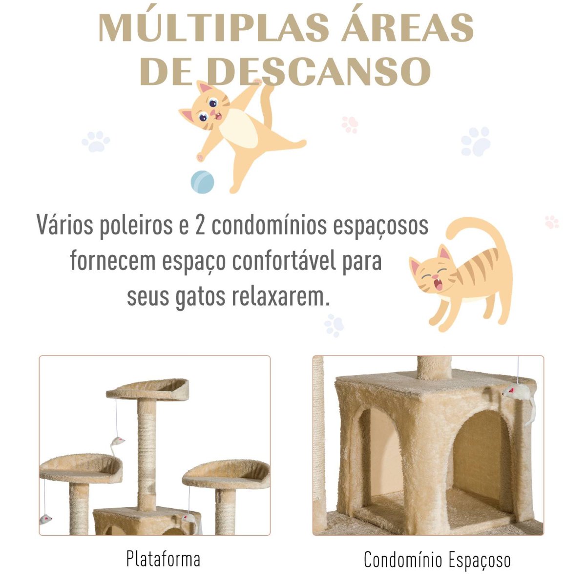 Árvore para gatos com Arranhador e Ratos de Brincar 60x50x180 cm, Cor Bege - Image 5