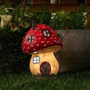 Casinha de Gnomo de 19 cm com Luz LED Solar, decoração de jardim de resina