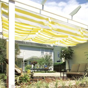 Toldo Ideal para pérgulas Tecnologia de tensão de cabos 420 x 140 cm, Amarelo e Branco
