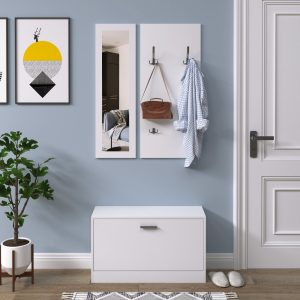 Conjunto de móveis de entrada 3 em 1 com sapateira com espelho e cabide com 4 ganchos para pendurar ropa – Medidas 80x27x46,5 cm