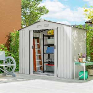 Abrigo de Jardim 213x130x185cm Abrigo de Jardim Metálico de Exterior para Armazenamento de Ferramentas com 2 Portas Deslizantes e 4 Janelas para Terraço Branco e Cinza