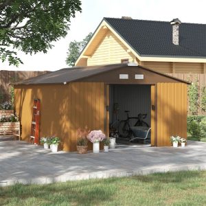 Abrigo de Jardim Metálico 340x386x200cm para Armazenamento de Ferramentas com Base Incluída, 4 Janelas de Ventilação e Porta Castanho