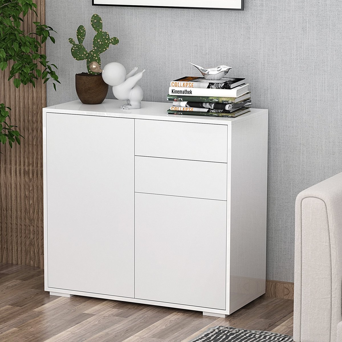 Armário Auxiliar com 2 Portas, 2 Gavetas e Prateleira Ajustável para Sala de Estar, 79x36x74cm, Cor Branco - Image 2
