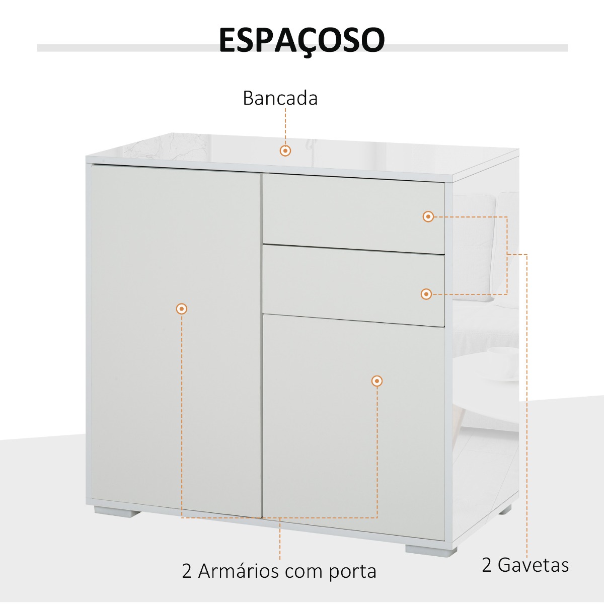 Armário Auxiliar com 2 Portas, 2 Gavetas e Prateleira Ajustável para Sala de Estar, 79x36x74cm, Cor Branco - Image 5