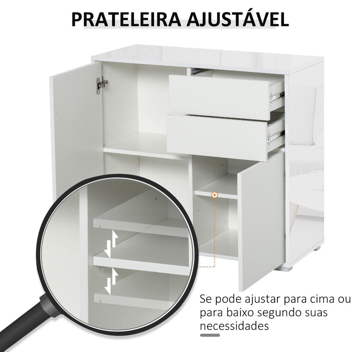 Armário Auxiliar com 2 Portas, 2 Gavetas e Prateleira Ajustável para Sala de Estar, 79x36x74cm, Cor Branco - Image 6