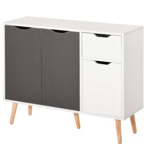 Aparador Móvel Auxiliar de Armazenamento com 2 Armários Porta Gaveta Pés Madeira para Sala Estar Cozinha Dormitório 90x30x72 cm Cinza e Branco
