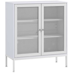 Aparador de 3 Níveis Móvel Auxiliar com Portas Malha e Prateleira Ajustável Cozinha Moderno para Sala 80x37x92 cm Branco
