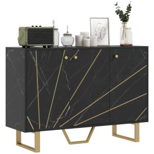 Aparador de Sala Estar com 2 Armários e Prateleira Interior Ajustável Móvel Buffet Efeito Mármore 107x35x75 cm Preto Dourado