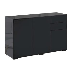Aparador de Sala de Estar com 3 Portas 2 Gavetas e Prateleira Interior Ajustável Móvel Auxiliar de Armazenamento para Cozinha Dormitório Anti-Rolamento 117x36x74 cm Preto