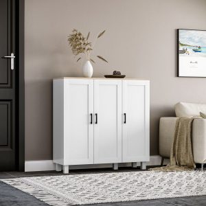 Aparador de Sala de Estar com 3 Portas e Prateleiras Ajustáveis Estilo Nórdico 90x30x90 cm Branco e Madeira