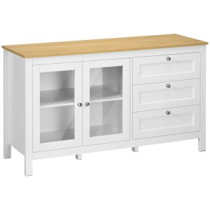 Aparador para Sala de Estar com 2 Portas de Vidro, 3 Gavetas e Prateleira Ajustável 120x40x70 cm Branco e Madeira