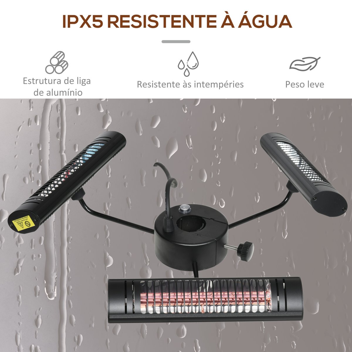 Aquecedor Elétrico de Exterior com 3 Painéis 1000W Aquecedor de Infravermelhos com Comando, Proteção IPX5, Liga de Alumínio para Guarda Sol Pérgola 87x75x22cm Preto - Image 7