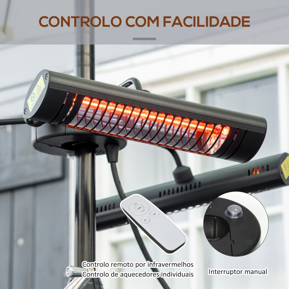 Aquecedor Elétrico de Exterior com 3 Painéis 1000W Aquecedor de Infravermelhos com Comando, Proteção IPX5, Liga de Alumínio para Guarda Sol Pérgola 87x75x22cm Preto - Image 8