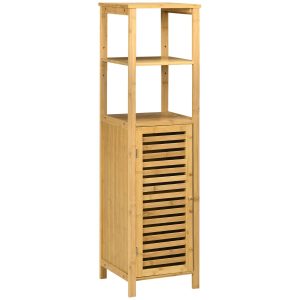 Armário Auxiliar de Bambu com 2 Prateleiras Abertas e Porta de Ripas para Duche 32,9×29,9×120 cm Madeira