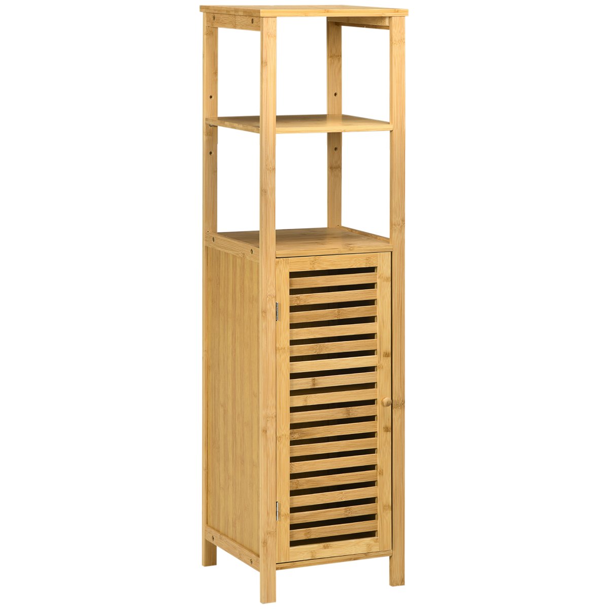 Armário Auxiliar de Bambu com 2 Prateleiras Abertas e Porta de Ripas para Duche 32,9×29,9×120 cm Madeira - Image 2