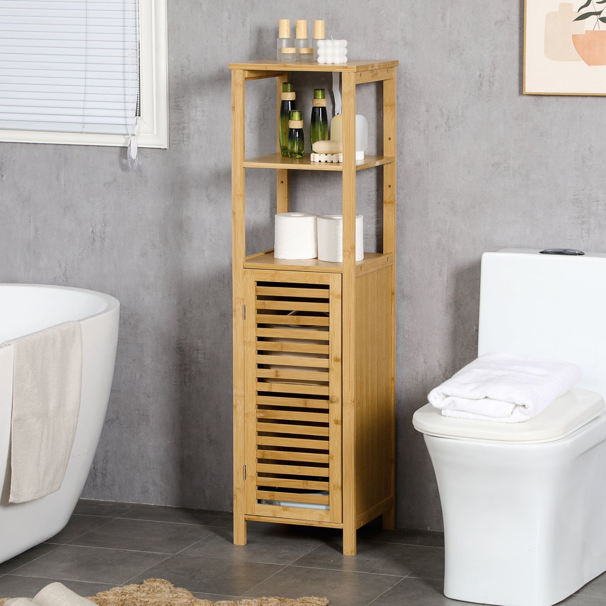 Armário Auxiliar de Bambu com 2 Prateleiras Abertas e Porta de Ripas para Duche 32,9×29,9×120 cm Madeira - Image 3