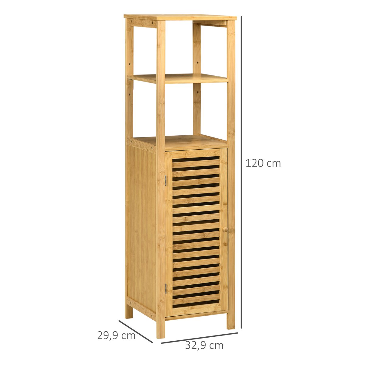 Armário Auxiliar de Bambu com 2 Prateleiras Abertas e Porta de Ripas para Duche 32,9×29,9×120 cm Madeira - Image 4