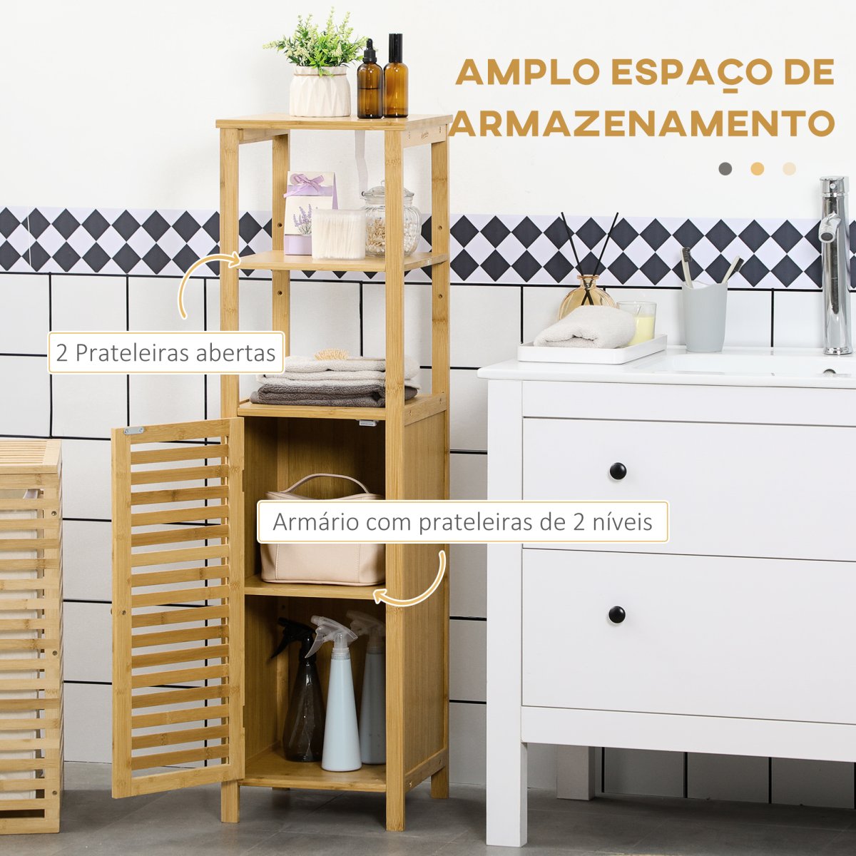 Armário Auxiliar de Bambu com 2 Prateleiras Abertas e Porta de Ripas para Duche 32,9×29,9×120 cm Madeira - Image 5