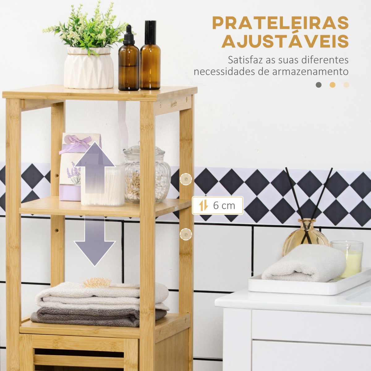 Armário Auxiliar de Bambu com 2 Prateleiras Abertas e Porta de Ripas para Duche 32,9×29,9×120 cm Madeira - Image 6