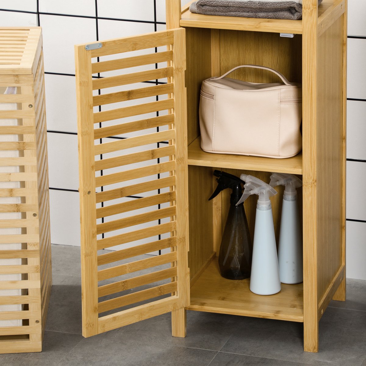 Armário Auxiliar de Bambu com 2 Prateleiras Abertas e Porta de Ripas para Duche 32,9×29,9×120 cm Madeira - Image 8