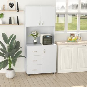 Armário de Armazenamento de Cozinha, Armário Alto com 3 Gavetas, 3 Portas e Prateleiras Interiores Ajustáveis 80×39,5×183,5cm Branco