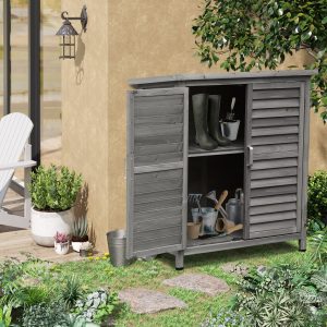 Armário de Armazenamento de Madeira para Jardim com 2 Prateleiras Interiores, 2 Portas e Teto Inclinado para Exterior 87×46,5×96,5cm Cinza