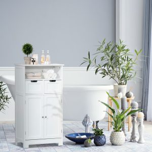 Armário de Casa de Banho com 2 Portas e 2 Gavetas e Compartimento Aberto 60x30x108,8cm Branco