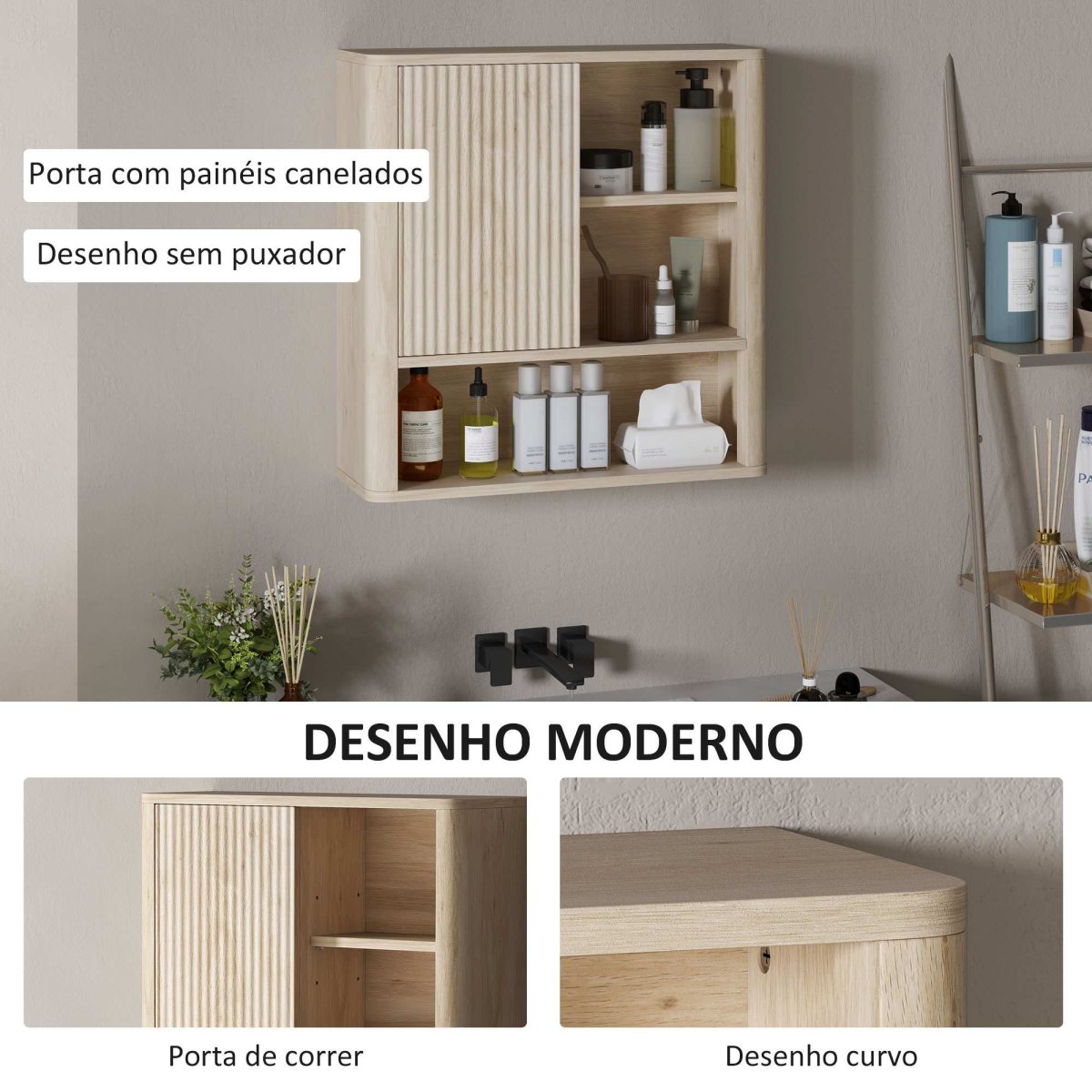 Armário de Casa de Banho de Parede Móvel com Prateleiras Ajustáveis Porta Deslizante Compartimentos e Desenho Elegante 60x20x62 cm Madeira - Image 7