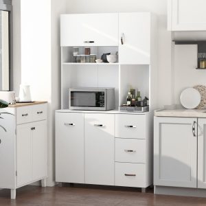 Armário de Cozinha Alto com 3 Gavetas, 4 Portas Prateleiras Interiores Ajustáveis e Pés Elevados, Móvel Auxiliar para Sala de Jantar 100×39,5×183,5cm Branco