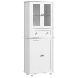 Armário de Cozinha Móvel Auxiliar com 2 Portas Vidro Temperado Gaveta e Prateleiras Ajustáveis para Sala 61x35x168,5 cm Branco