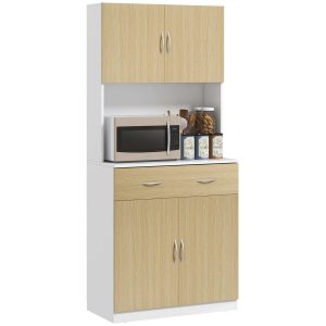 Armário de Cozinha com Gaveta 4 Portas e Prateleiras Interiores Ajustável em Altura Móvel Auxiliar Armazenamento Moderno para Sala Jantar Estar 80x40x180 cm Madeira Branco