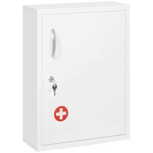 Armário de Parede Aço para Medicamentos 3 Níveis com Fechadura e 2 Chaves Cozinha ou Casa Banho 40x15x53,5 cm Branco