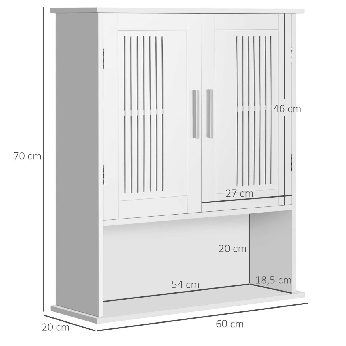 Armário de Parede para Casa de Banho com Armazenamento, 2 Portas em Ripas, Prateleira Ajustável e Compartimento 60x20x70 cm Branco - Image 4