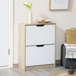 Armário para Sapatos com 2 Portas Abatíveis, 4 Prateleiras de Armazenamento, Capacidade 8 Pares de Sapatos 62,5x26x81cm Branco e Natural