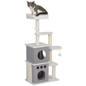 Arranhador para Gatos 126 cm Torre de Arranhar com Caverna Plataformas Bolas Suspensas e Poste Sisal 56x34x126 Cinza Creme