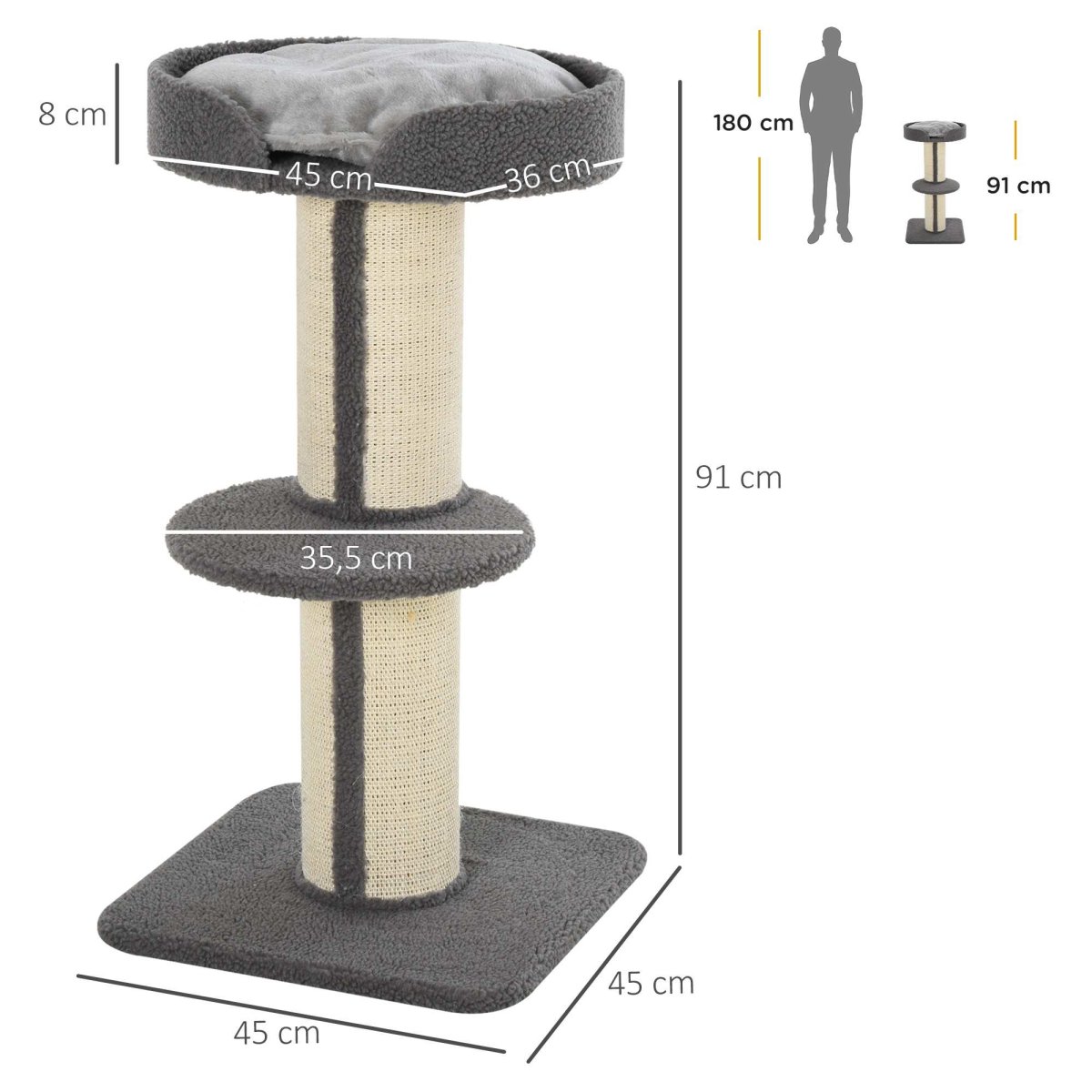 Arranhador para Gatos Altura 91 cm de 3 Níveis com Ninho Plataforma e Poste Sisal 45x45x91 Cinza - Image 4