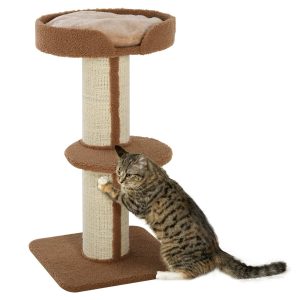 Arranhador para Gatos Altura 91 cm de 3 Níveis com Ninho Plataforma e Poste Sisal 45x45x91 Marrom Claro