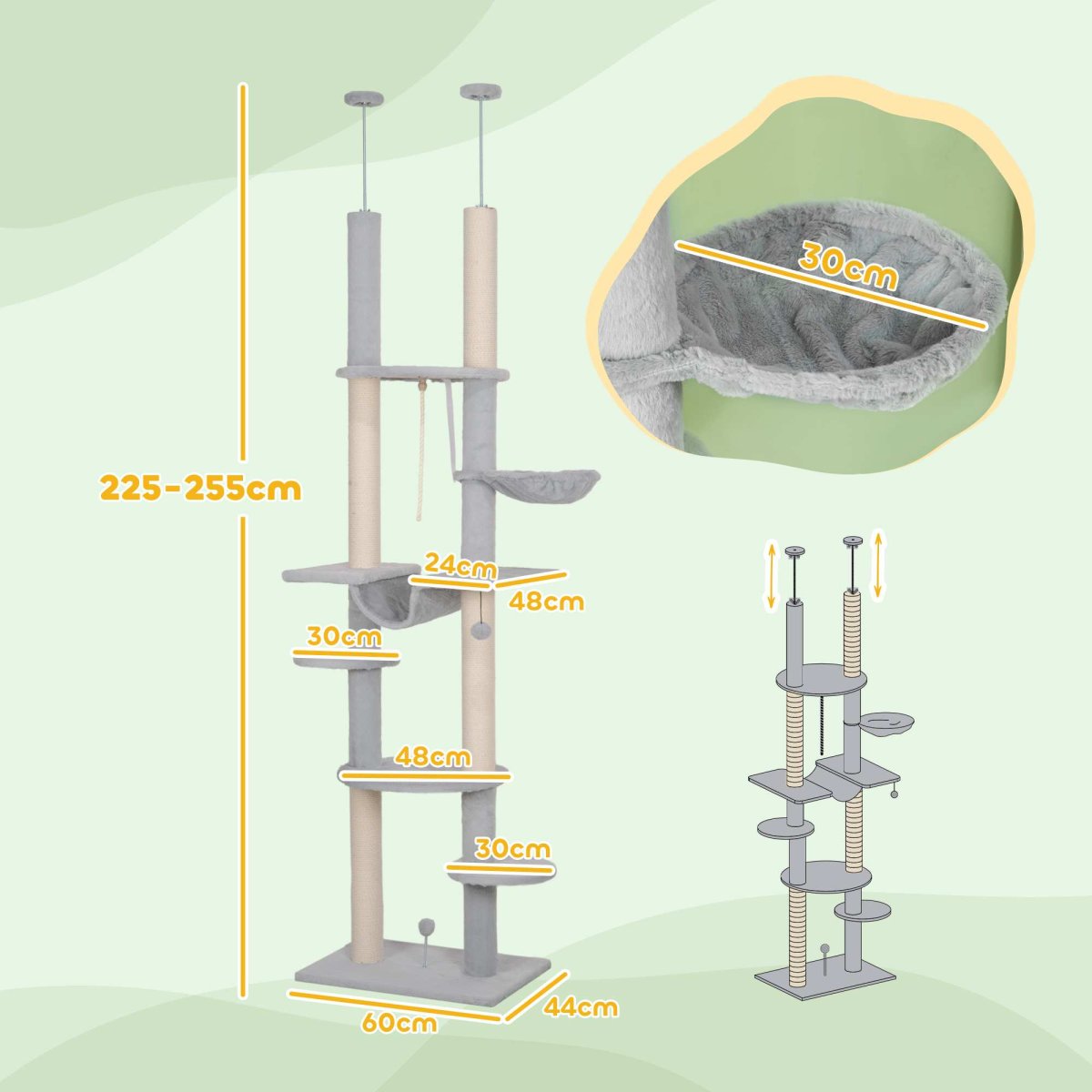 Arranhador para Gatos do Chão ao Teto 225-255 cm com 7 Níveis Rede Plataformas Postes de Arranhar Bola Suspensa Cinza - Image 4