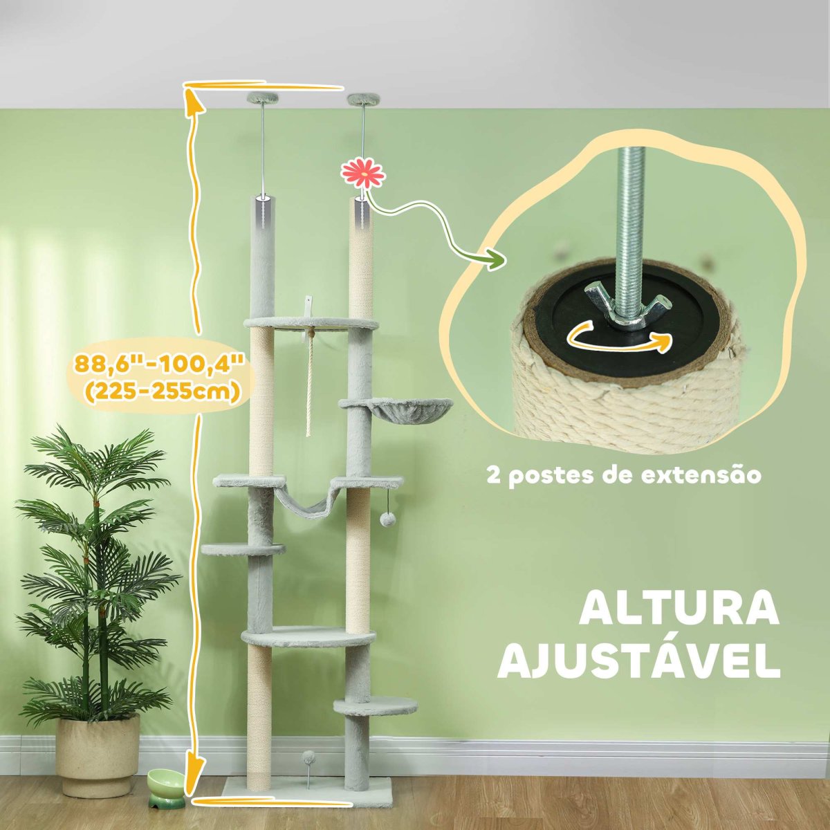 Arranhador para Gatos do Chão ao Teto 225-255 cm com 7 Níveis Rede Plataformas Postes de Arranhar Bola Suspensa Cinza - Image 5