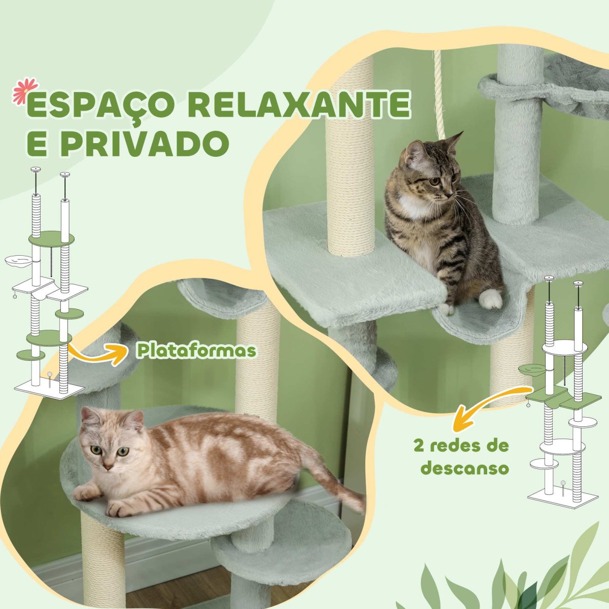 Arranhador para Gatos do Chão ao Teto 225-255 cm com 7 Níveis Rede Plataformas Postes de Arranhar Bola Suspensa Cinza - Image 8