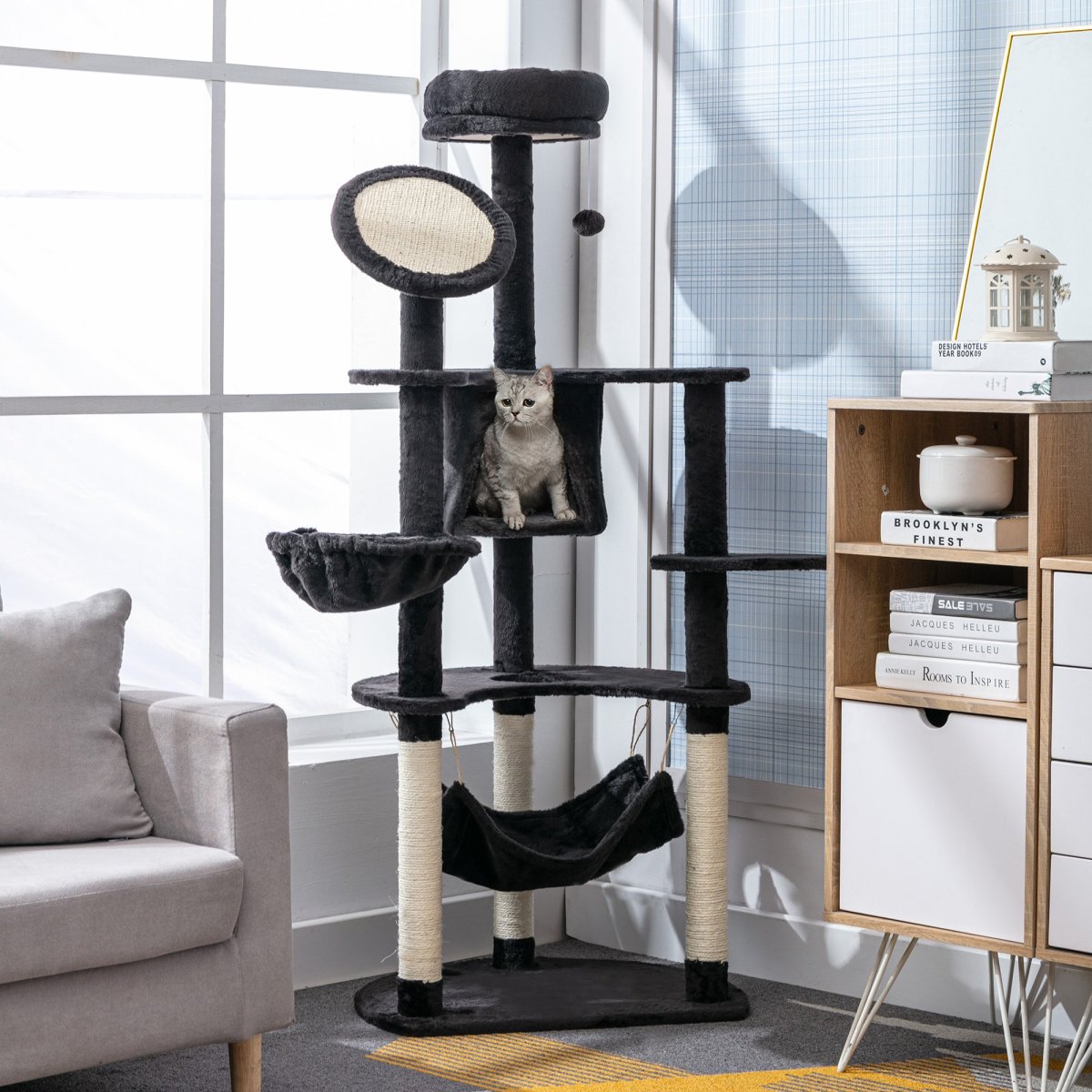 Árvore Arranhador para Gatos Grande Altura 153cm Torre de Escalada para Gatos com Caverna Redes Plataformas Postes Arranhadores de Sisal e Bola Suspensa Cinza Escuro - Image 2