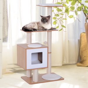 Árvore Arranhadora para Gatos de Madeira 71,5×49,5x120cm Torre para Gatos com Caverna Plataformas Postes Arranhadores de Sisal Almofadas de Pelúcia Suave e Bolas Suspensas Natural