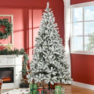Árvore de Natal Artificial 255cm com Neve Ignífuga com 1300 Ramos, Folhas de PVC, Abertura Automática, Base Dobrável e Suporte Metálico Decoração de Natal para Interiores Verde