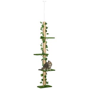 Árvore para Gatos 37x21x202-242 cm com Altura Ajustável 4 Plataformas de Relva Artificial Verde