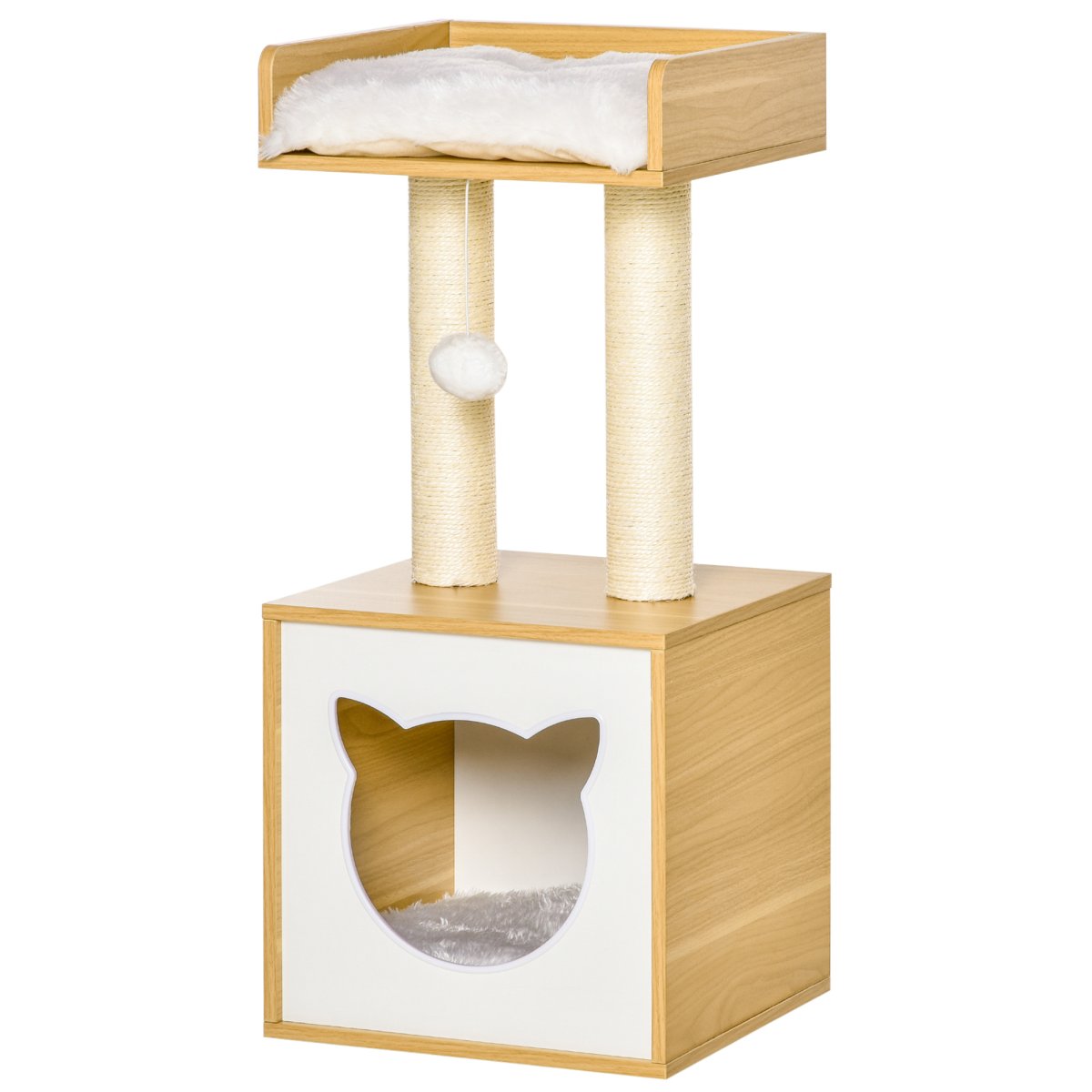 Árvore para Gatos de 2 Níveis com Caverna Superior Postes Arranhadores de Sisal Natural Almofadas Laváveis e Bola de Brinquedo 35x35x81cm Carvalho - Image 3