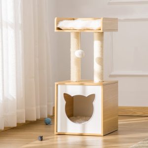 Árvore para Gatos de 2 Níveis com Caverna Superior Postes Arranhadores de Sisal Natural Almofadas Laváveis e Bola de Brinquedo 35x35x81cm Carvalho