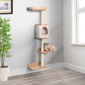 Árvore para Gatos de Parede com Múltiplas Plataformas – 38x30x149cm Bege e Carvalho
